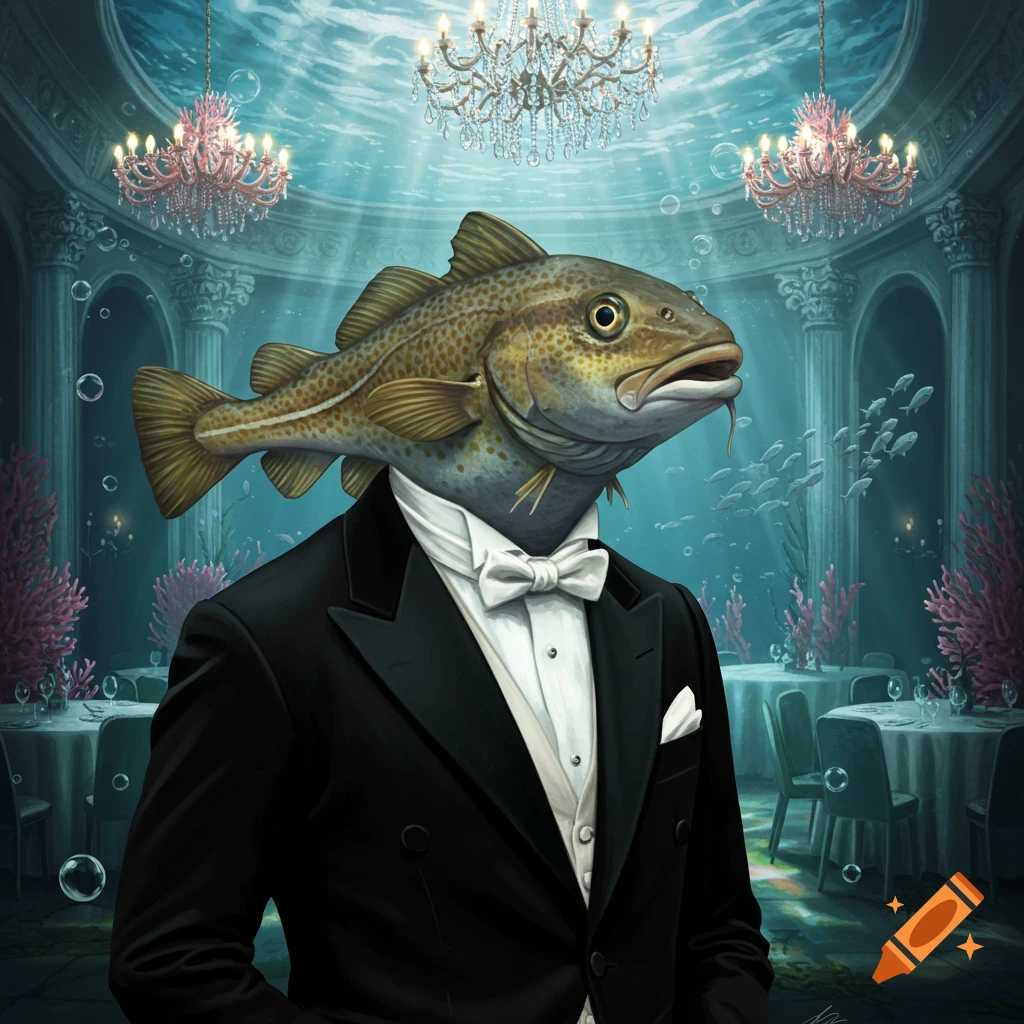 A photorealistic cod fish in a tuxedo in an elegant underwater ballroom with chandeliers.