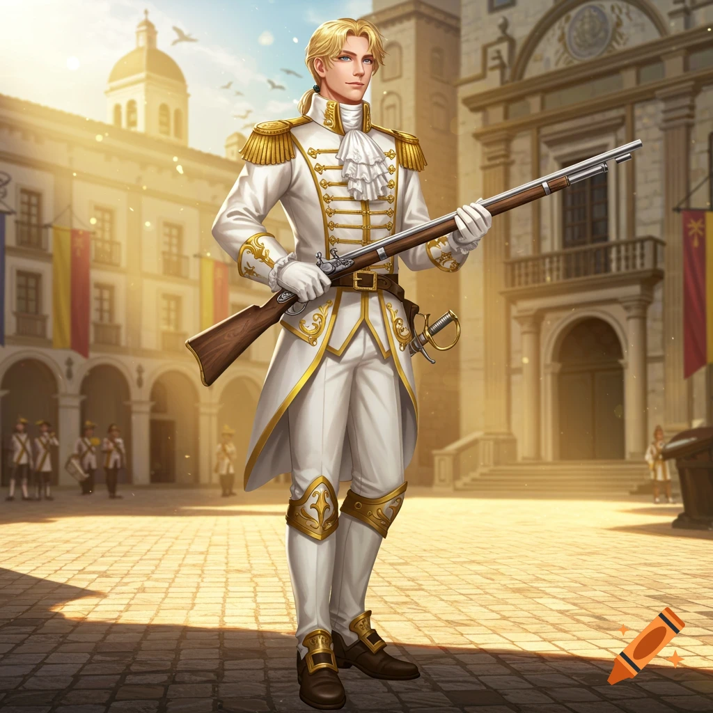 A blonde man in a white and gold historical uniform stands in a sunny town square, holding a musket. Anime illustration style.