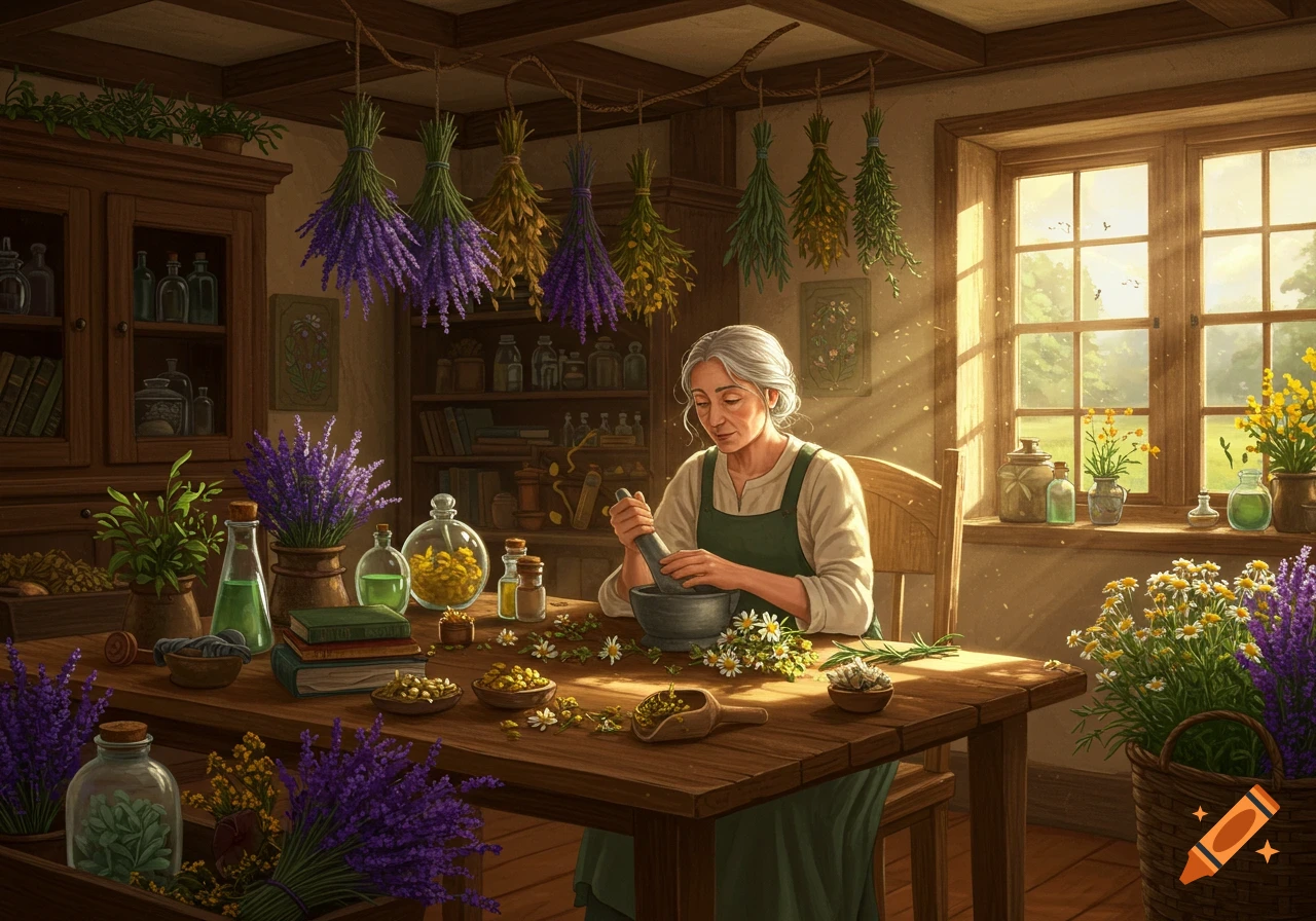 An old herbalist woman grinds herbs with a mortar and pestle at a wooden table filled with plants and dried lavender in a sunlit room.