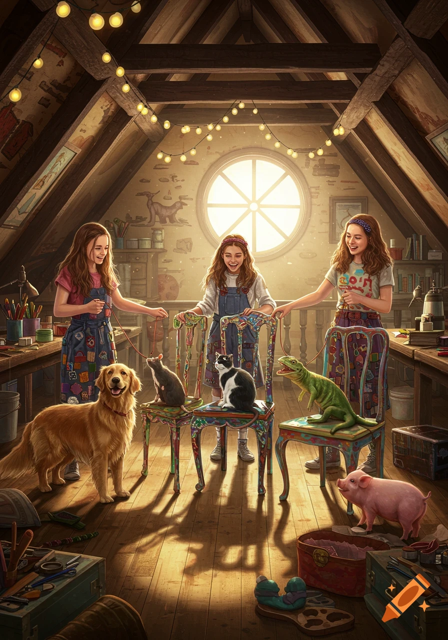 Three smiling teenage girls in a whimsical attic workshop with a dog, two cats, a rat, a lizard, and a pig, all posing around colorful chairs.