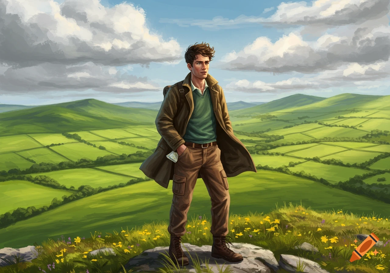An illustrated man in a brown coat and cargo pants stands on a rocky outcrop overlooking green rolling hills and a cloudy sky.