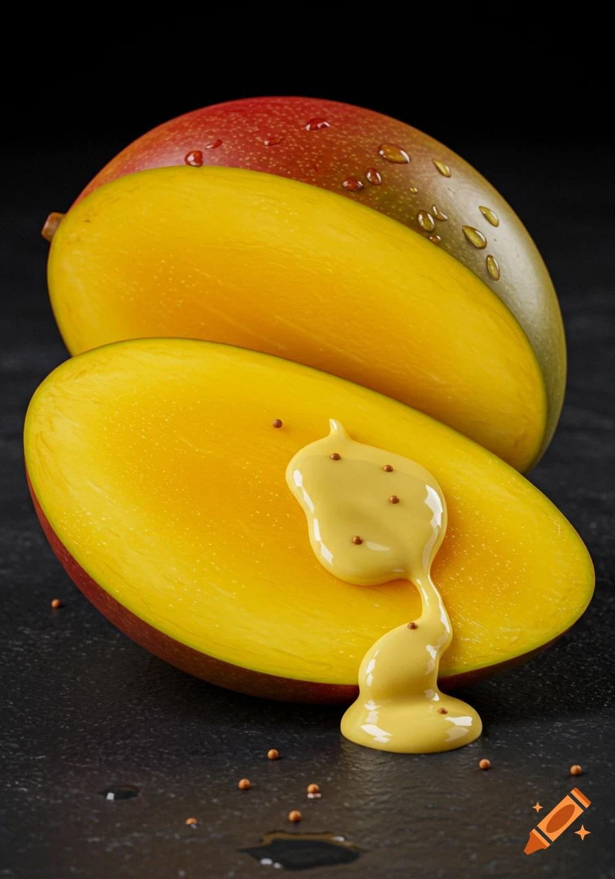 A whole mango and a sliced mango with mustard and mustard seeds on a dark surface.