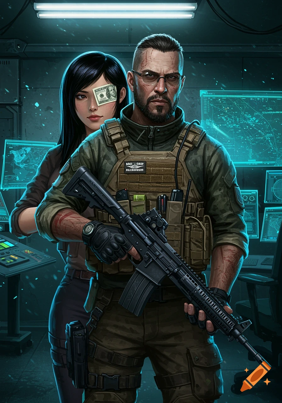 Stylized digital painting of a stern man in tactical gear holding a rifle, with a woman behind him who has a dollar bill taped to one eye, in a control room with glowing screens.