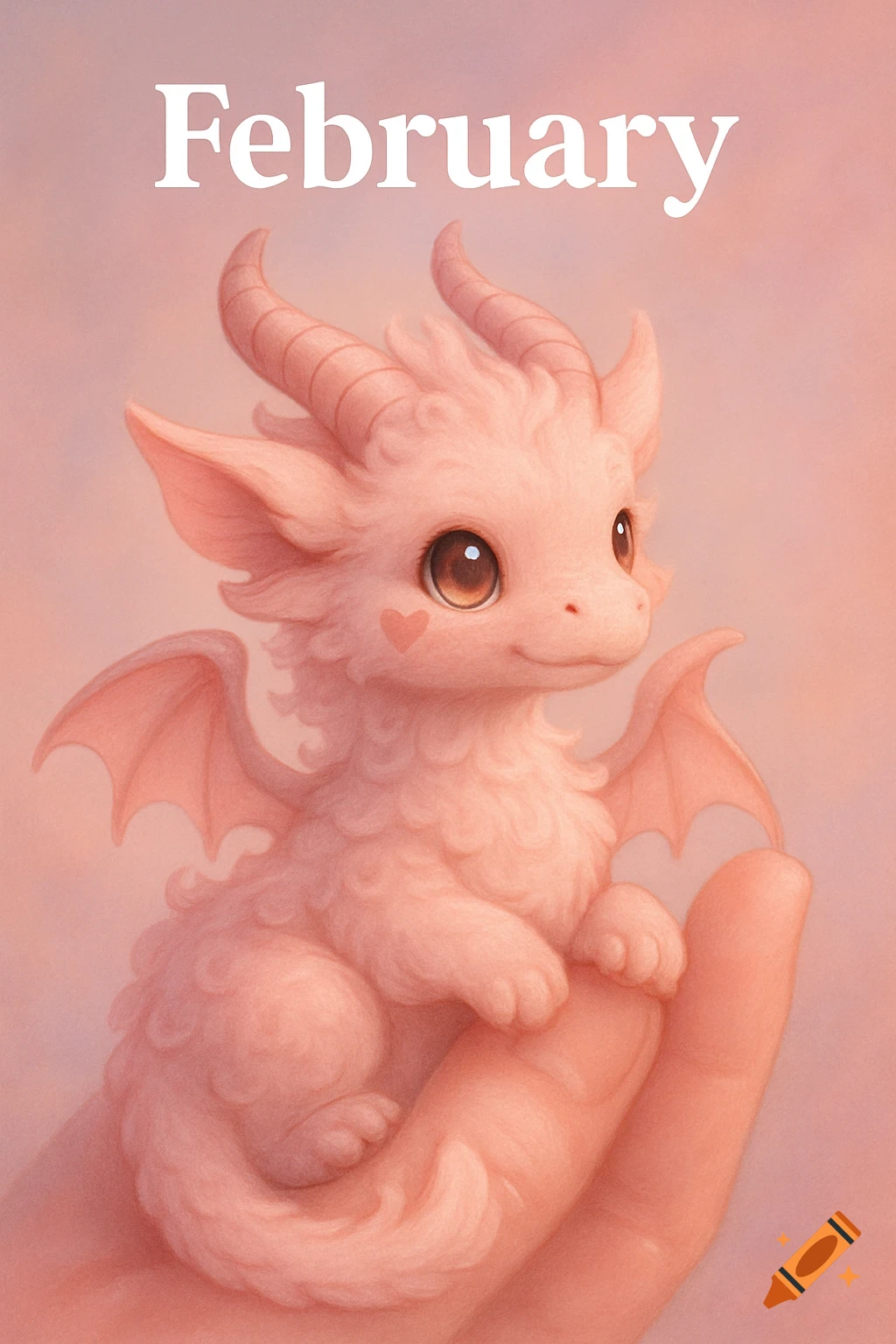 A cute, fluffy pink baby dragon with a small heart on its cheek is held in a hand, with 'February' text above.