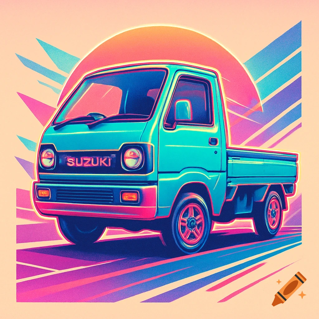 A teal Suzuki Kei truck in 80s retro style, with neon pink and blue accents against an orange sunset background.