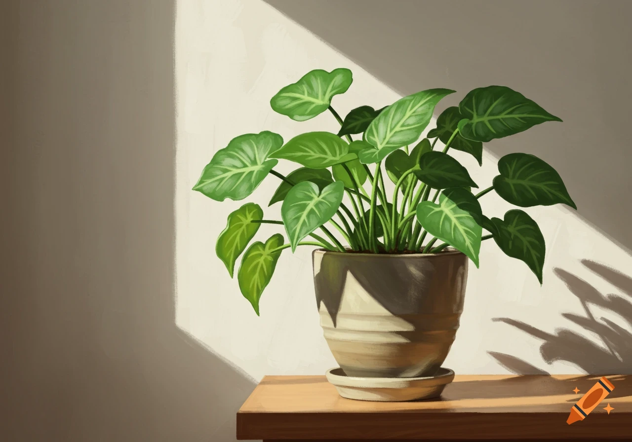 Digital painting of a lush green potted plant with large leaves on a wooden table, illuminated by a sunlit wall.