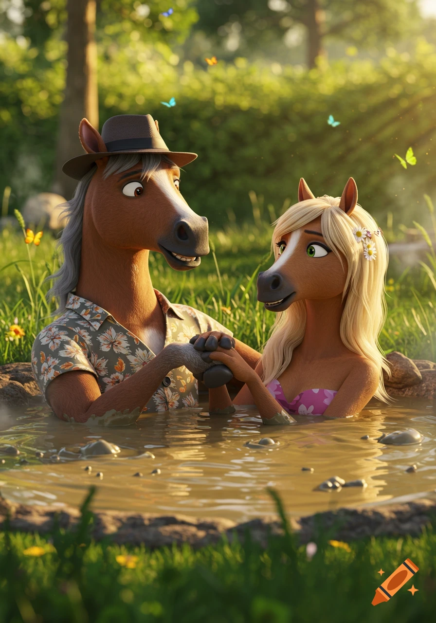 An anthropomorphic male horse in a Hawaiian shirt and hat, and a female horse in a bikini, hold hands while relaxing in a mud pool outdoors in a sunny animated scene.