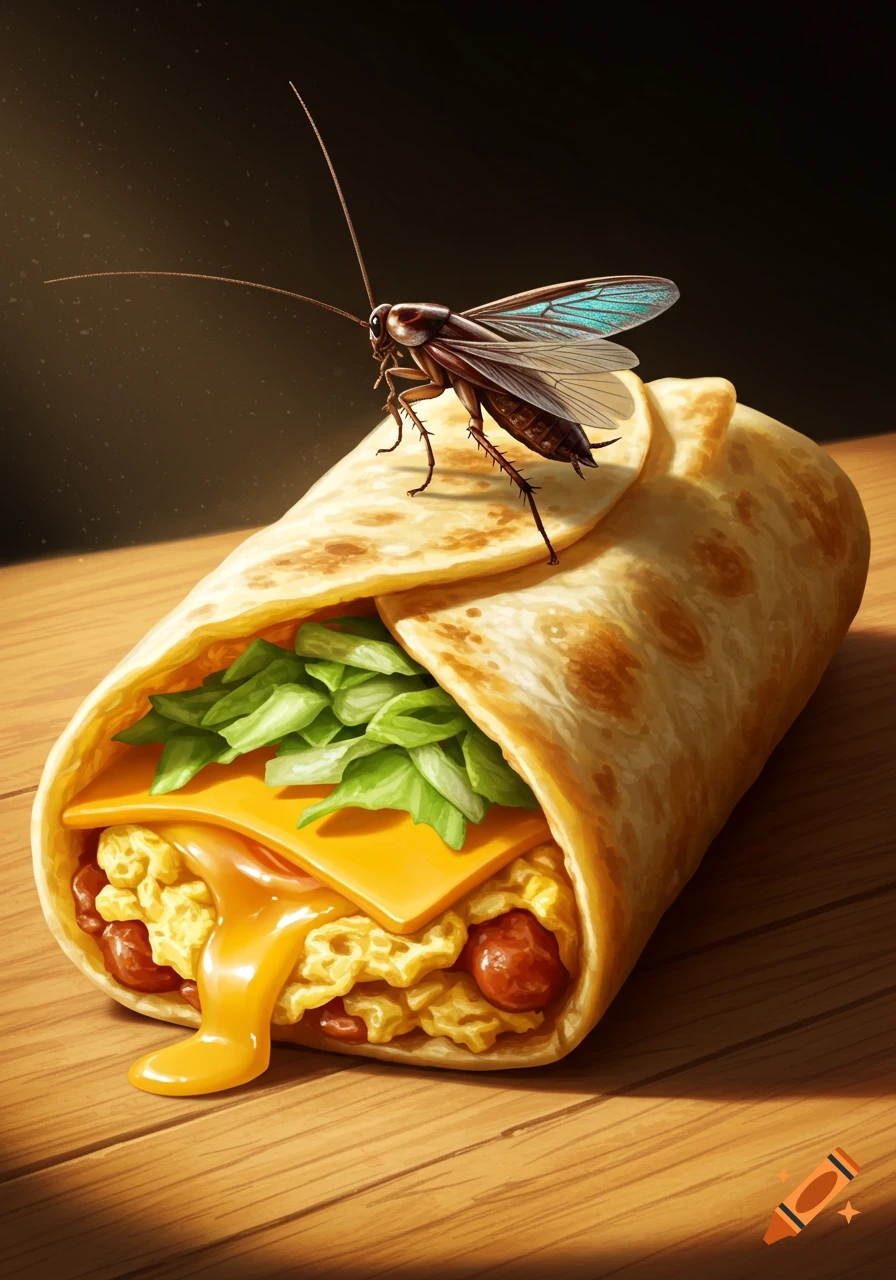 Photorealistic breakfast burrito with melted cheese and scrambled eggs, topped with a large cockroach on a wooden table.