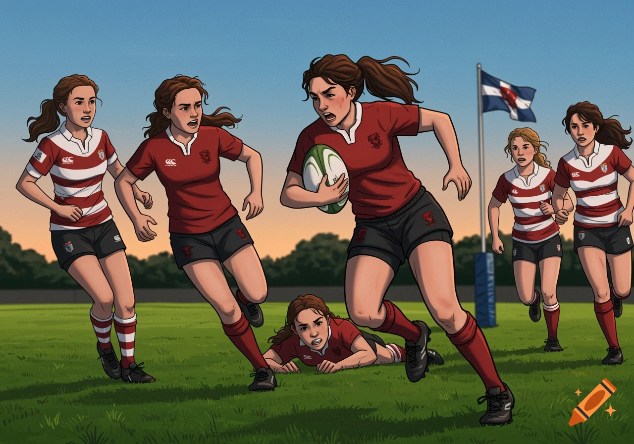 An illustration of a women's rugby game, with a player in a red jersey carrying the ball and running past other players on a green field.