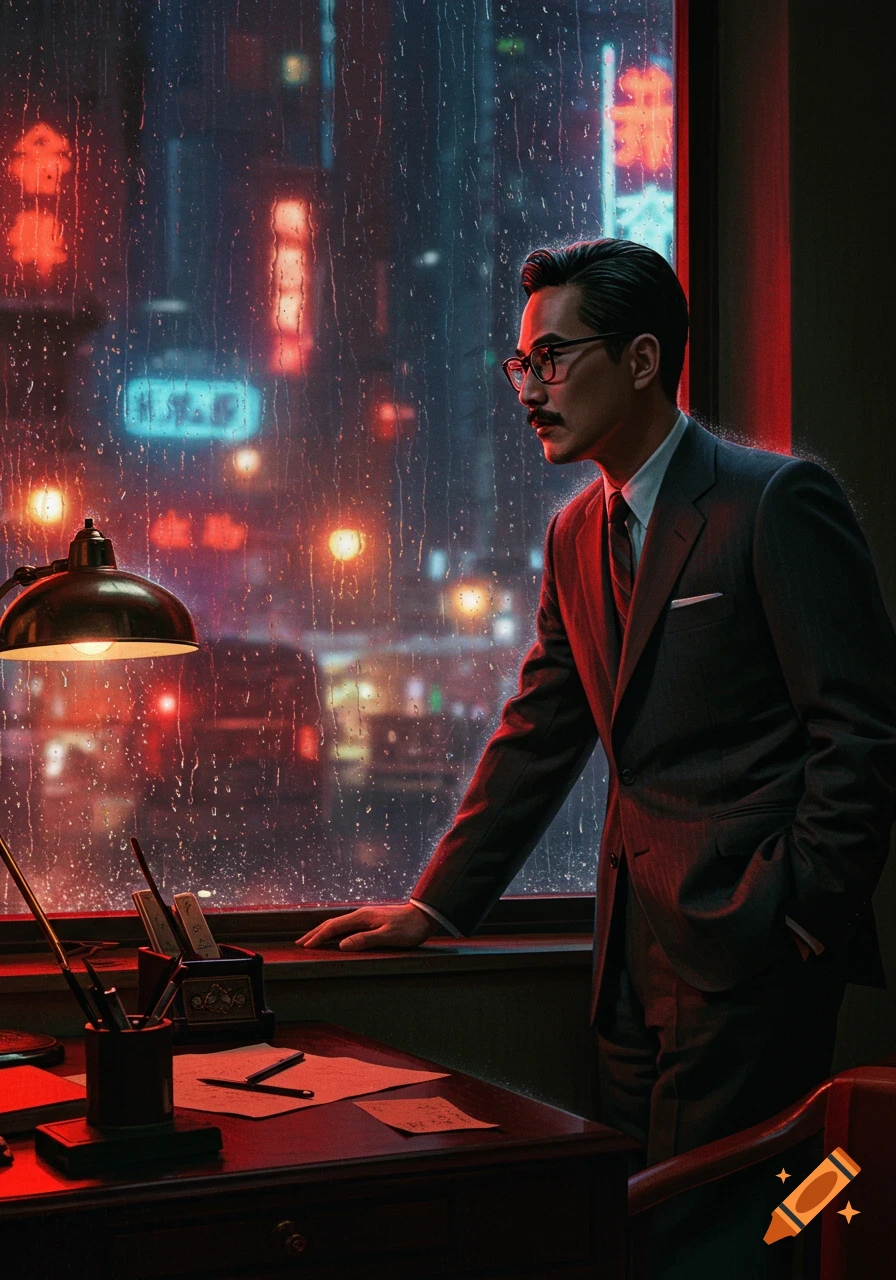 A man in a suit looks out a rain-streaked window at a neon-lit Hong Kong cityscape at night, in a moody cinematic style.