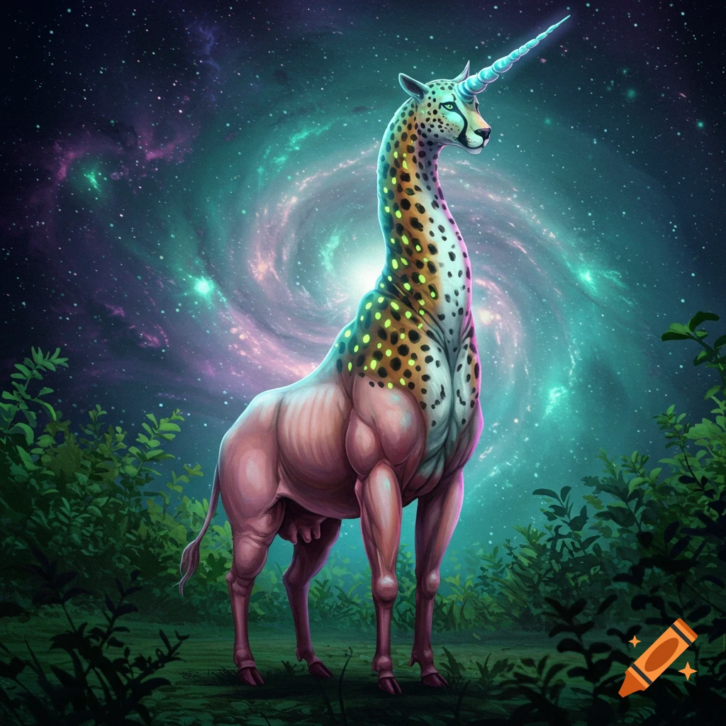 A mythical creature with a cheetah head, giraffe neck, unicorn horn, muscular body, and cow udders stands in a lush forest under a vibrant galaxy sky.