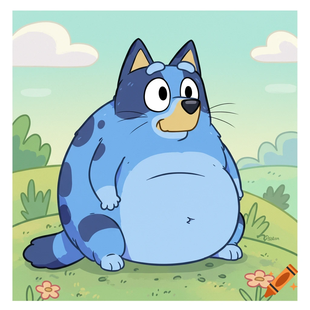 Chubby blue cartoon character, resembling Bluey, sits in a grassy field.
