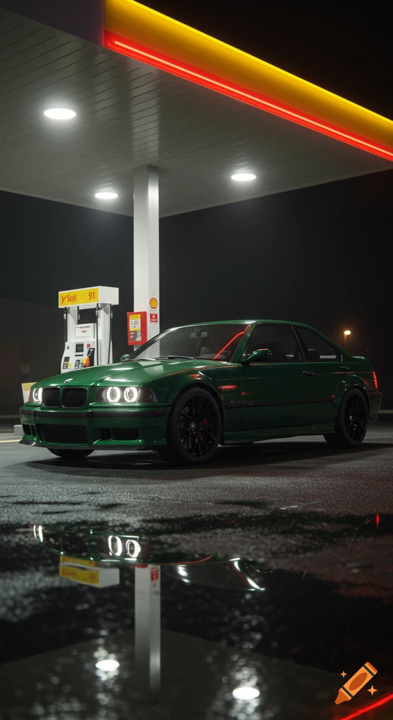 A hyper-realistic dark green BMW M3 G80 parked at a Shell gas station at night, with reflections on wet ground.
