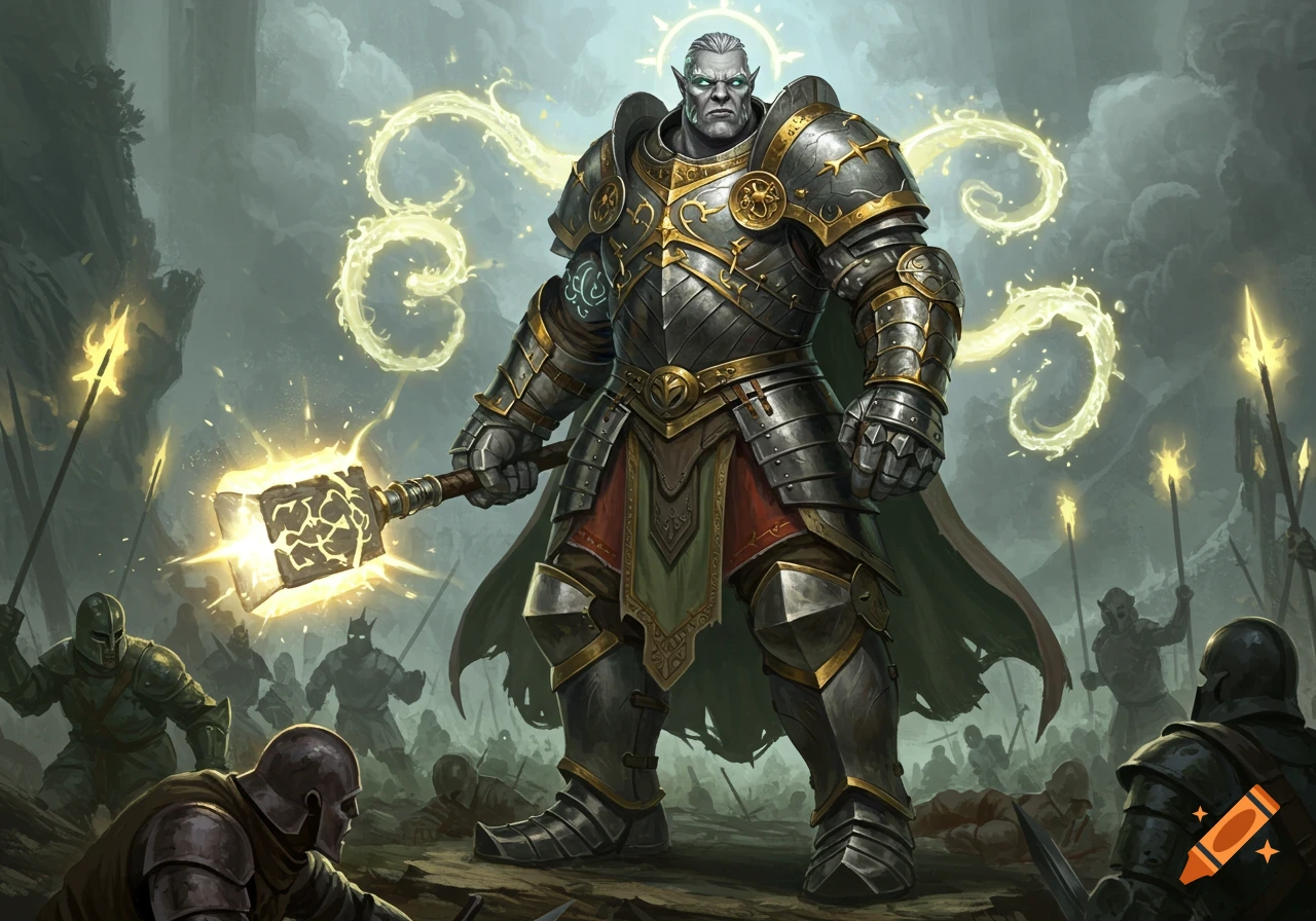 Towering Goliath War Priest Cleric in heavy armor with glowing mace on a battlefield, surrounded by radiant energy.