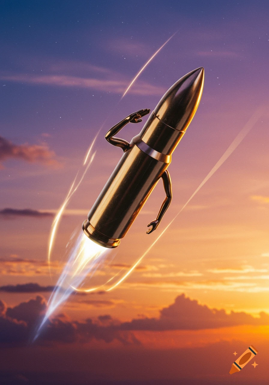 A golden bullet with human arms, one saluting, flies through a vibrant sunset sky, leaving a glowing trail.