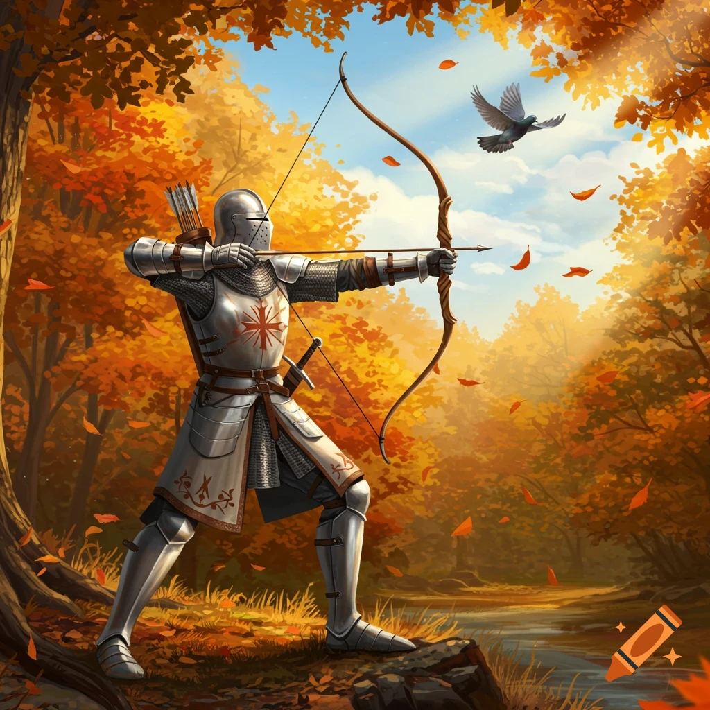 A knight in shining armor draws a bow, aiming at a pigeon flying above a vibrant autumn forest bathed in sunlight.