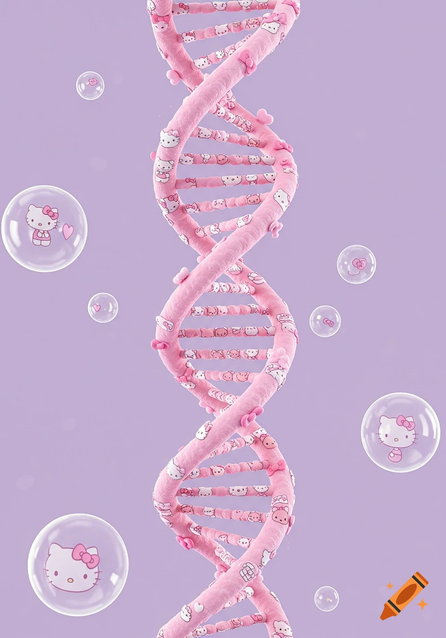 Pink DNA helix made of Hello Kitty faces and bows, with Hello Kitty in bubbles on a purple background.