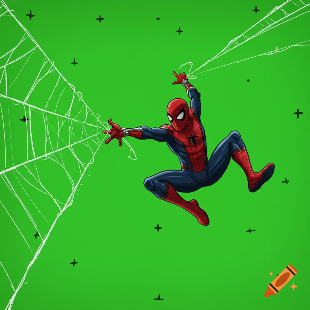 Spider-Man shoots webs on a bright green screen with tracking markers in a dynamic comic book art style.