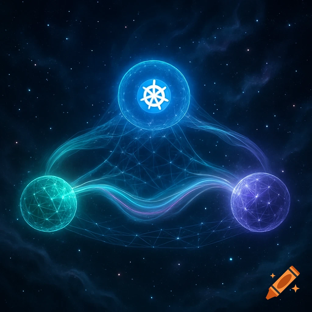 Abstract glowing Kubernetes logo central to two interconnected network nodes against a starry space background.