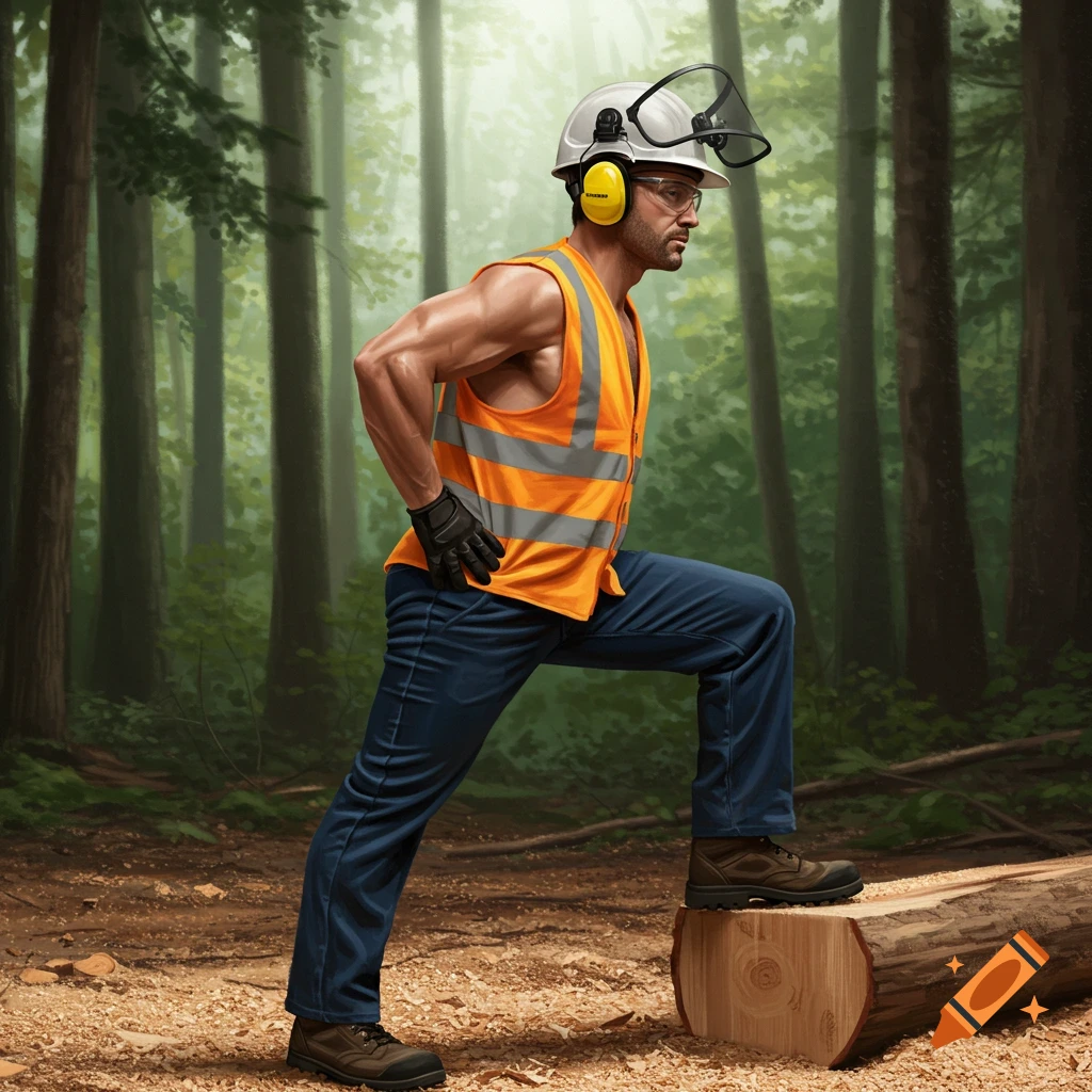 A muscular man in an orange safety vest, hard hat with ear protection and face shield, stretches his leg on a cut log in a sunlit forest.