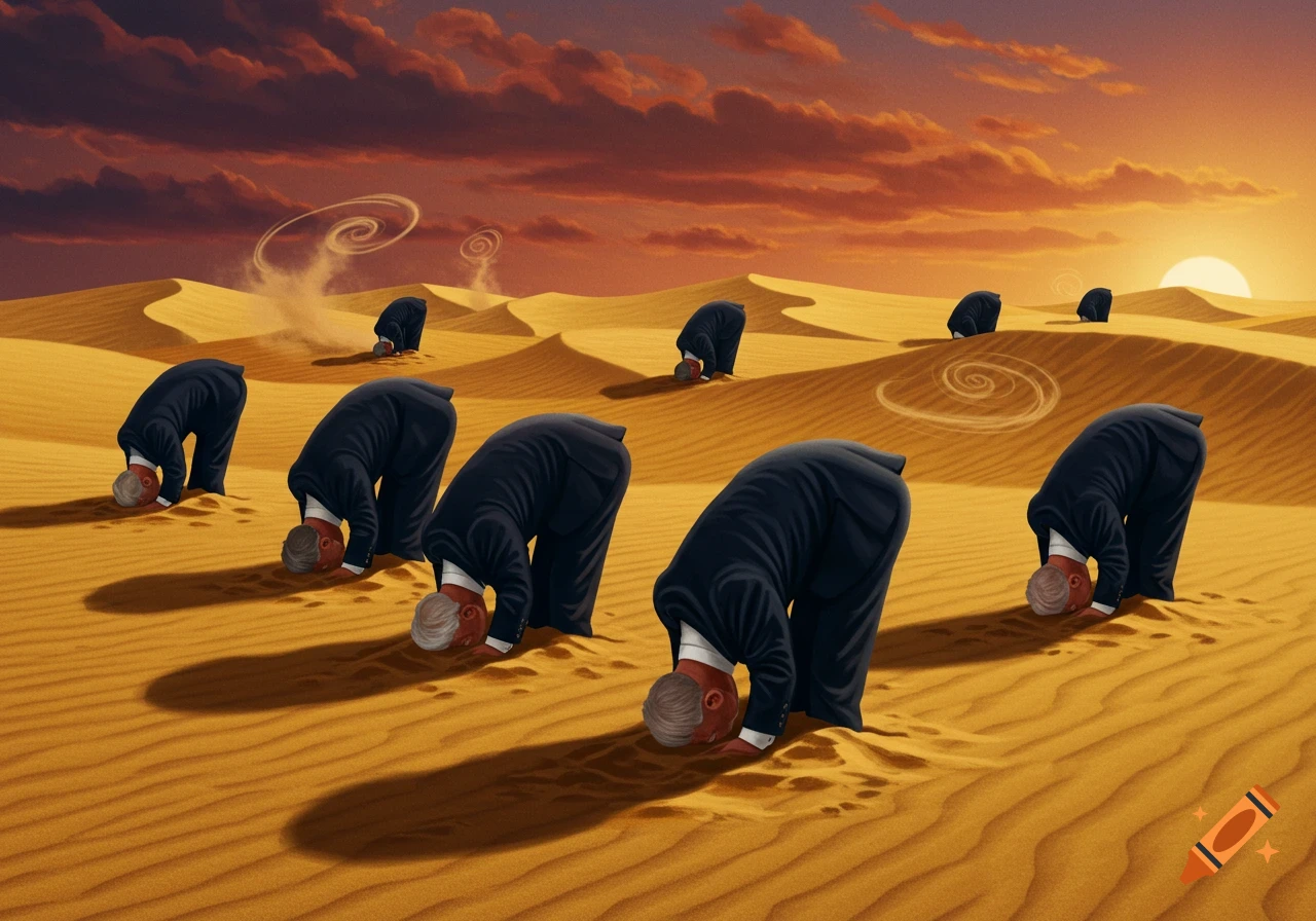 Multiple men in dark suits with their heads buried in the sand across a vast desert landscape at sunset, resembling ostriches.