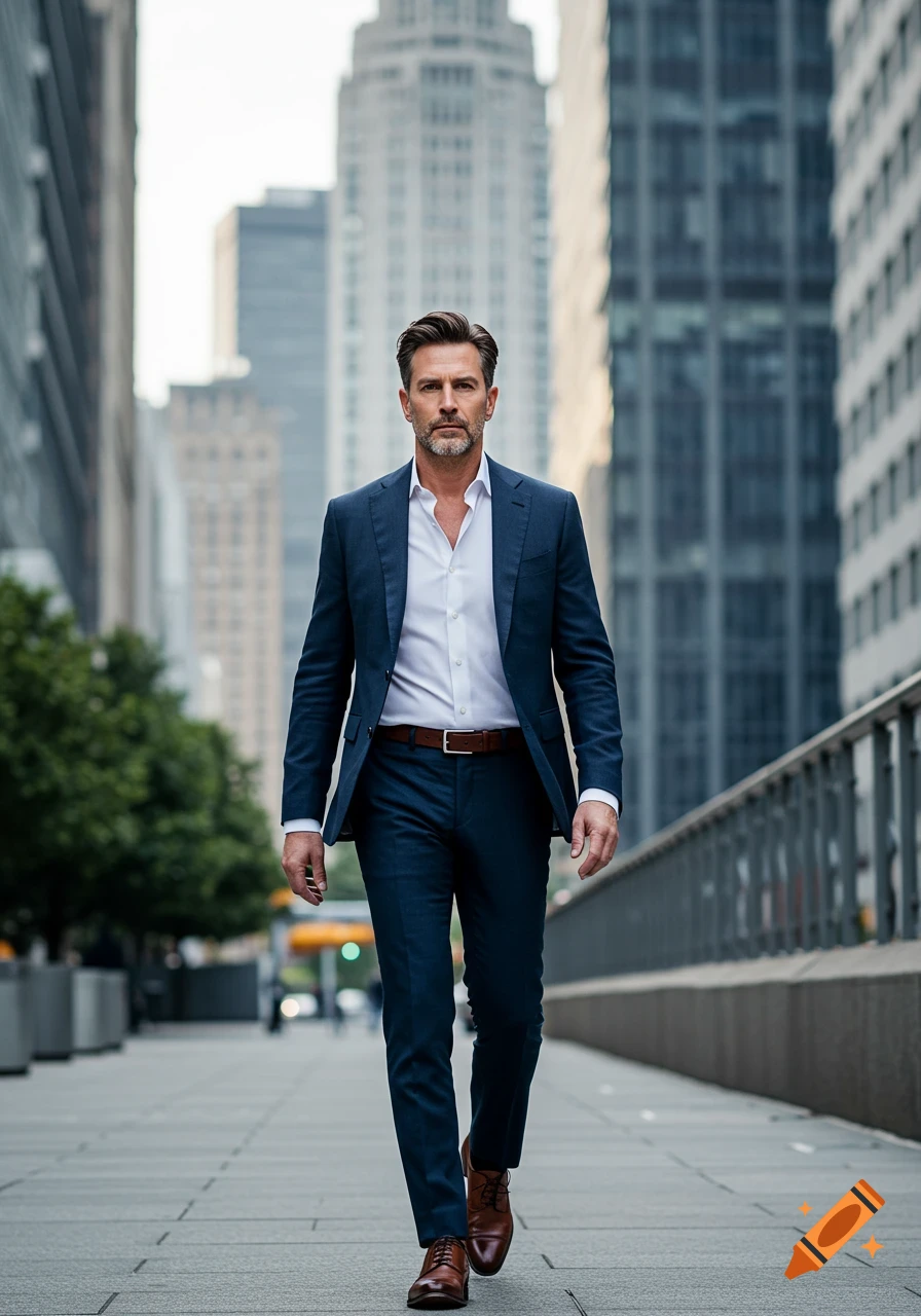 A handsome man in a navy blue suit walks confidently down a city street with blurred skyscrapers in the background, looking directly at the camera.