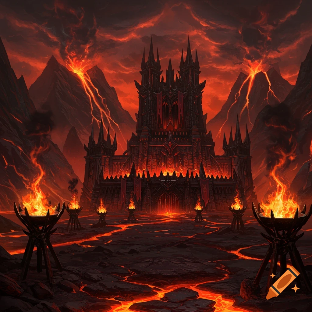 A dark, ominous fortress with spires stands amidst volcanic mountains, surrounded by rivers of lava and fiery braziers under a fiery red sky, in a fantasy art style.