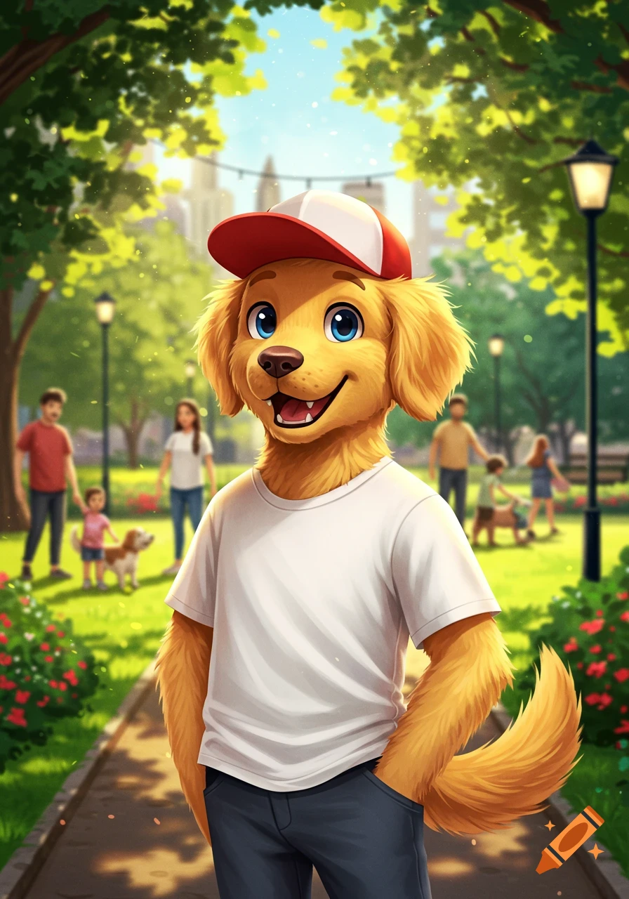 An anthropomorphic golden retriever in a red and white baseball cap and white t-shirt stands in a sunny park.