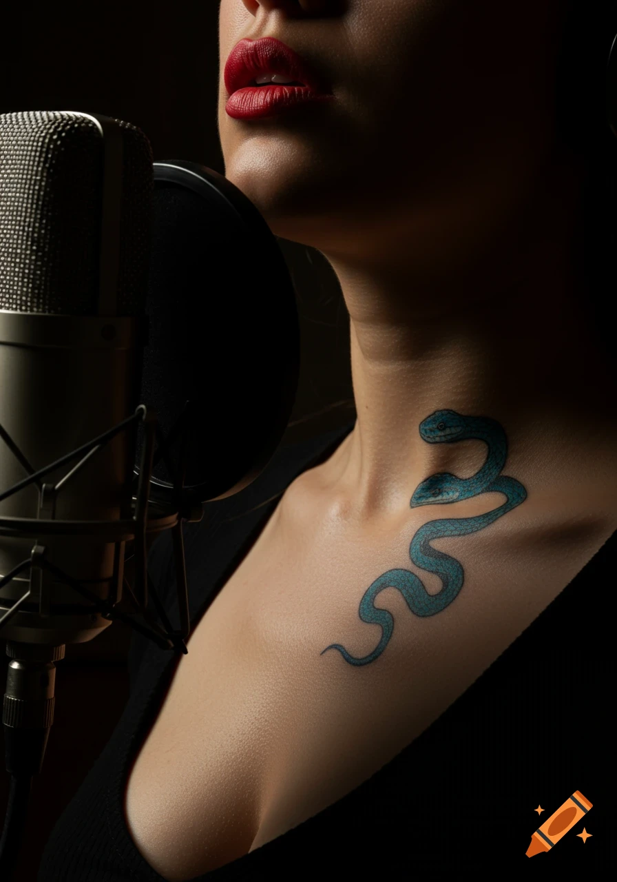 Close-up of a woman with red lips and a blue snake tattoo on her chest, speaking into a recording microphone in a dark setting. Photorealistic style.