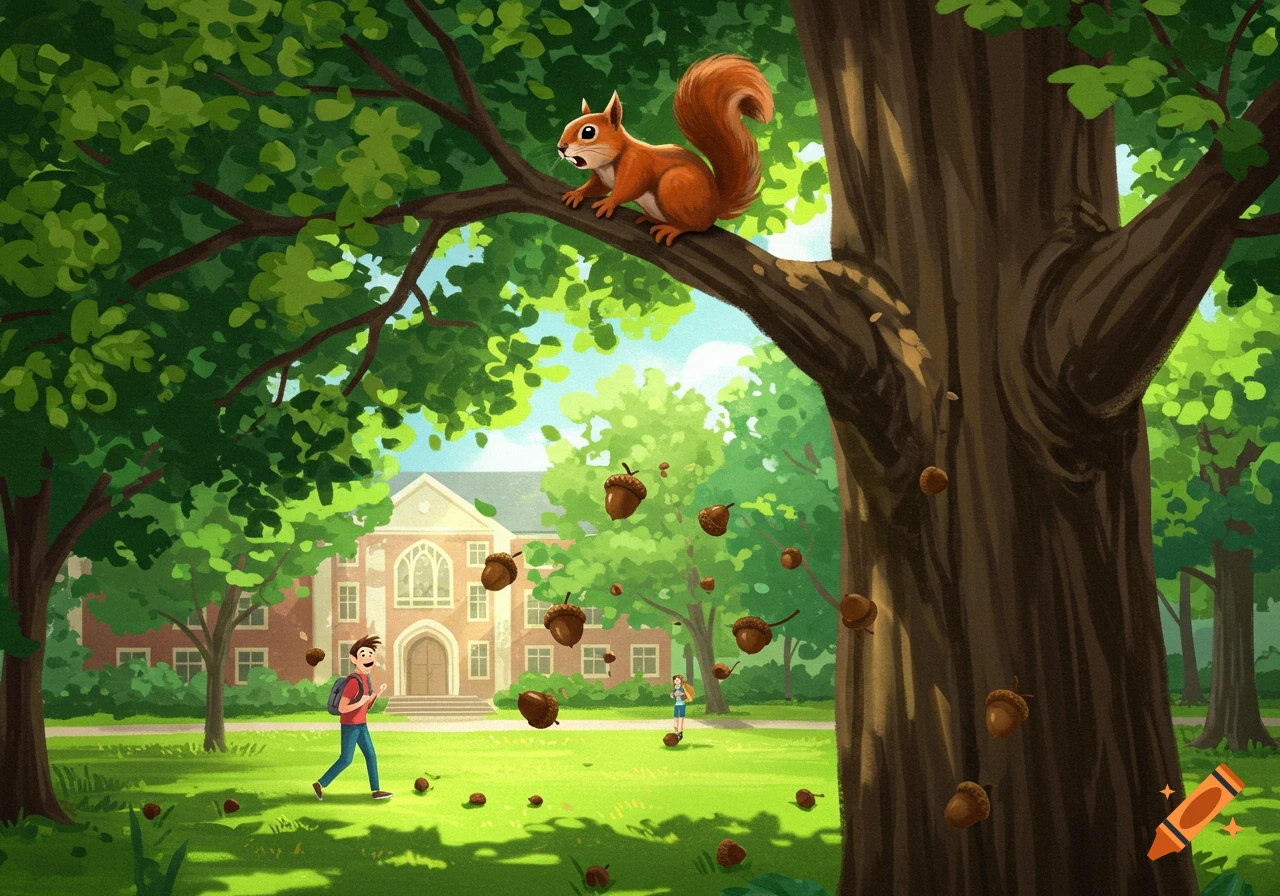 A cartoon squirrel angrily drops acorns from a tree onto students walking on a sunny university campus lawn.