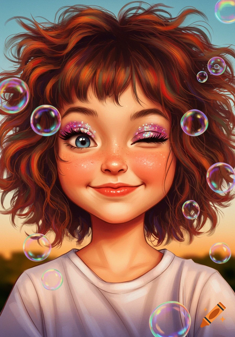 Close-up illustration of a smiling girl with messy reddish-brown hair, glittery pink eyeshadow, and freckles, surrounded by colorful bubbles.