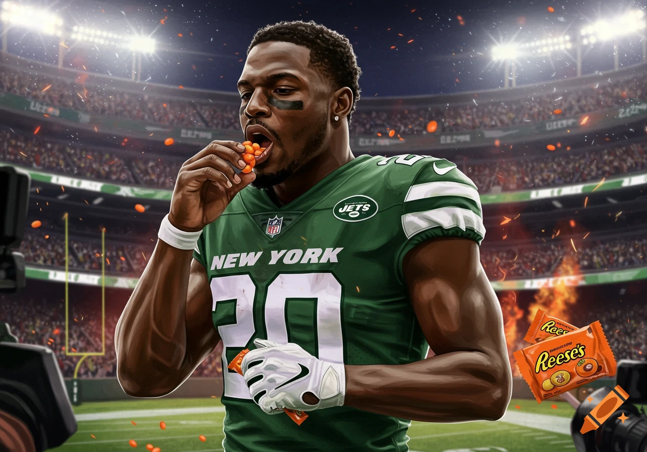 A stylized illustration of a New York Jets football player in a stadium, eating Reese's Pieces candy.