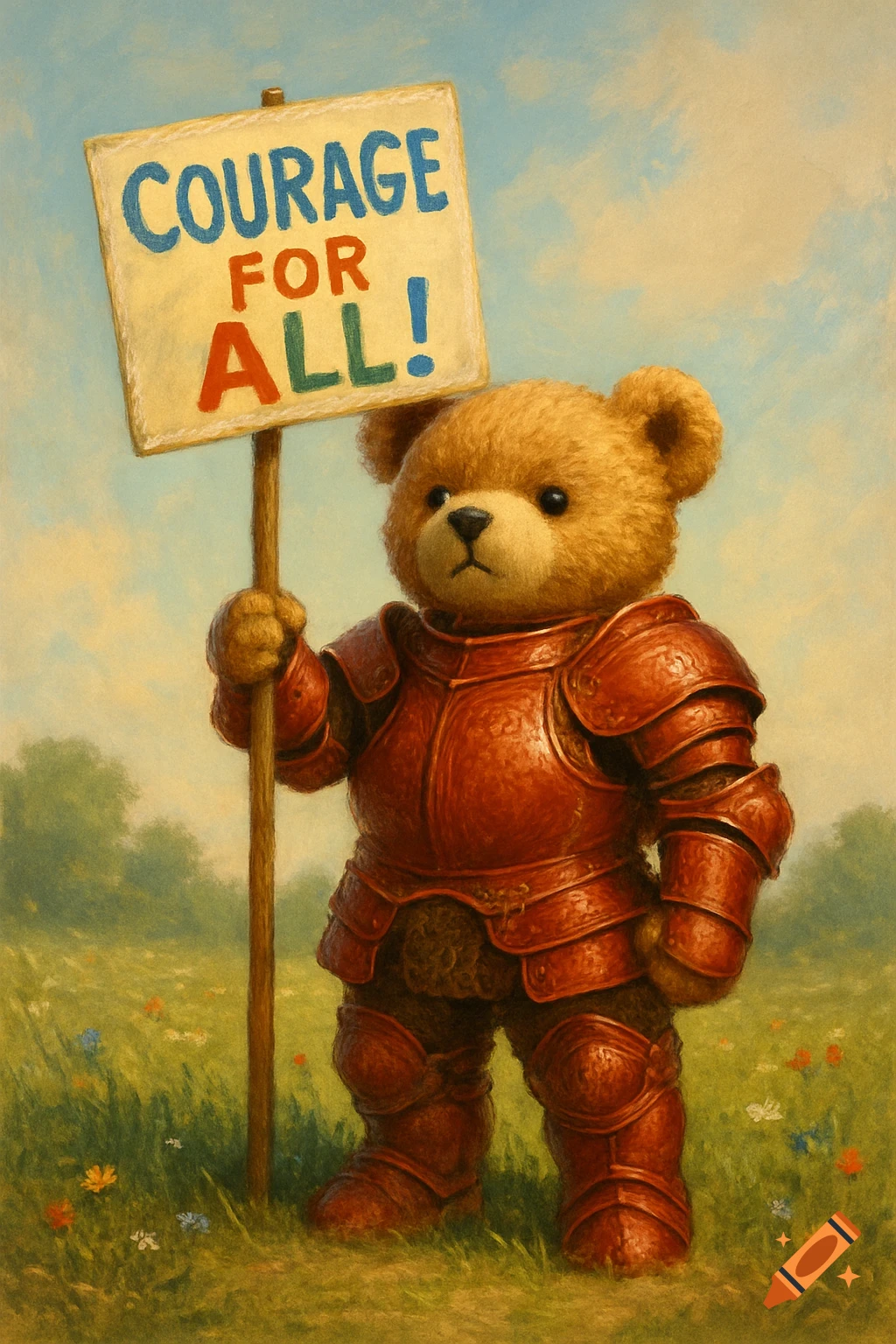 A painterly image of a teddy bear in red armor holding a sign that reads 'COURAGE FOR ALL!' in a grassy field.
