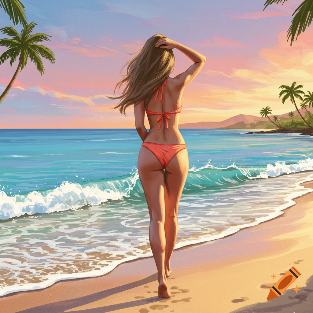 An illustrative image of a woman in a coral bikini walking on a sandy beach at sunset, with palm trees and ocean waves.