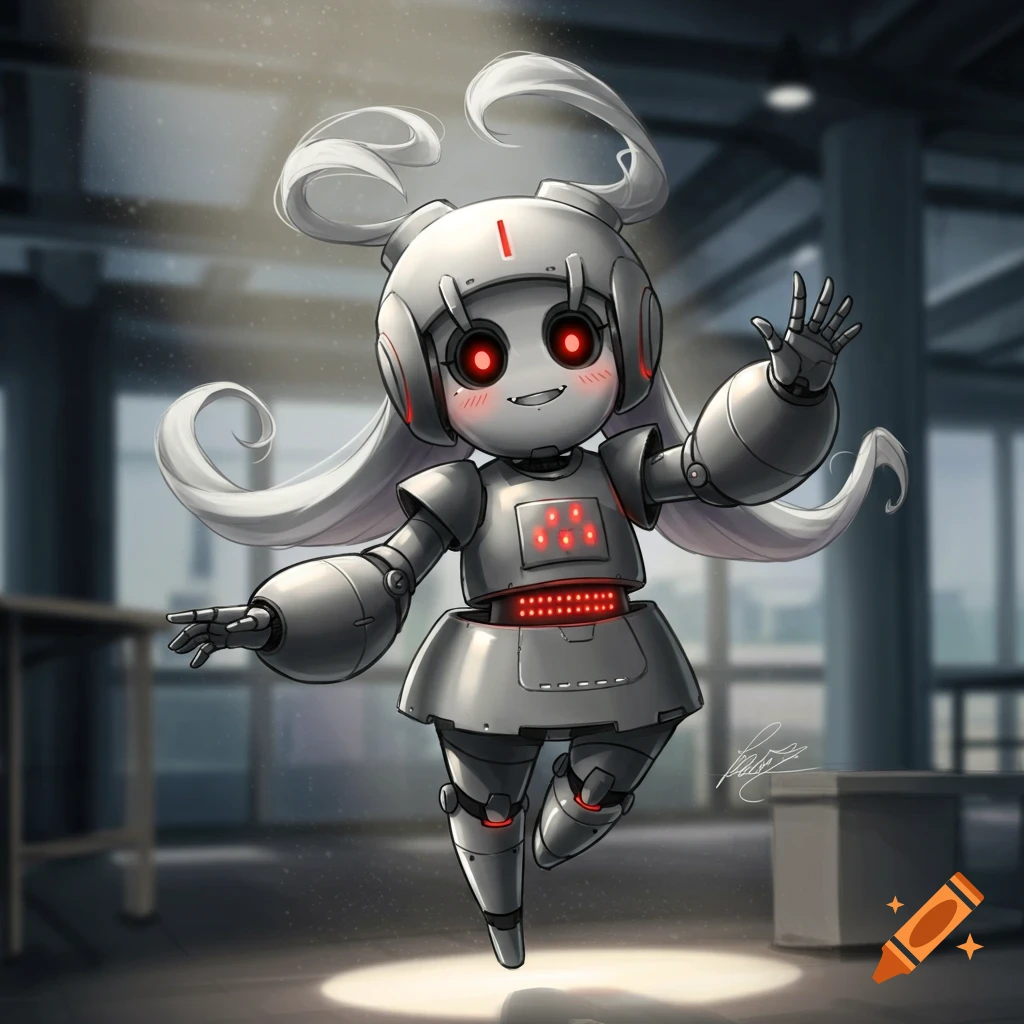 Cute anime-style chibi robot girl with red eyes and white hair, floating and waving in a blurred indoor setting.