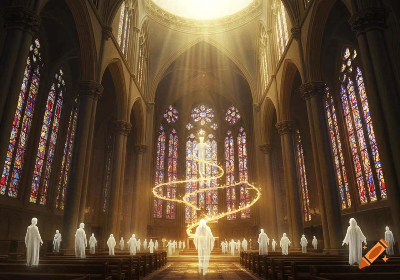 A grand church interior with light rays, colorful stained glass windows, and ethereal glowing figures, one surrounded by a swirling golden light path.