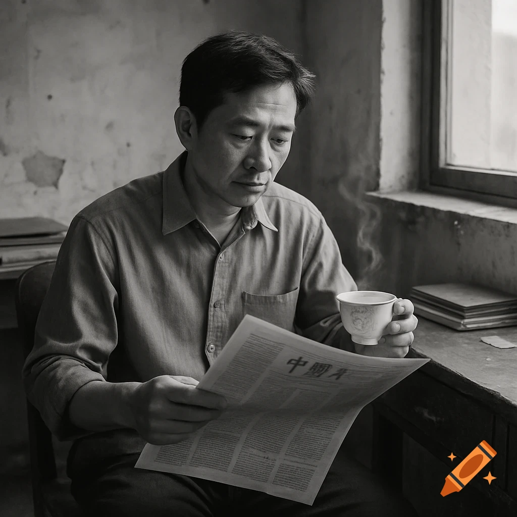 A black and white photo of a Chinese man in a casual shirt reading a newspaper while holding a steaming cup of tea near a window.