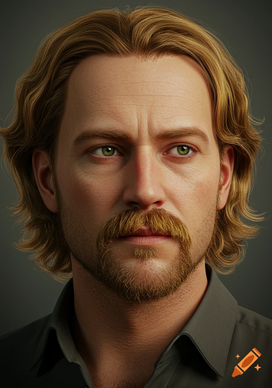 A photorealistic portrait of a blonde man with green eyes, a mustache, and a beard, wearing a grey collared shirt.