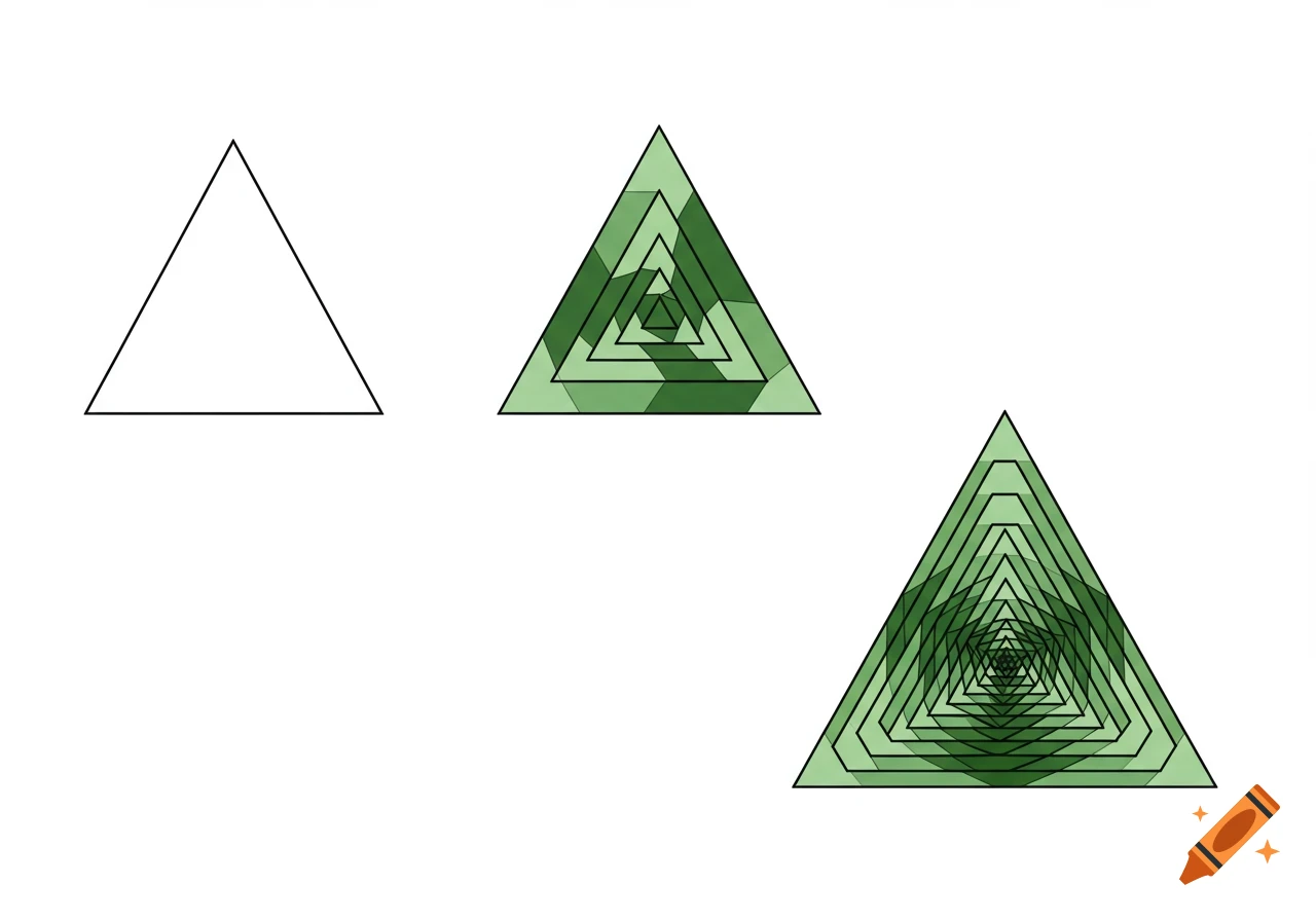 Three stages of a fractal pattern, starting with a plain triangle outline, then two increasingly complex green Sierpinski triangles.