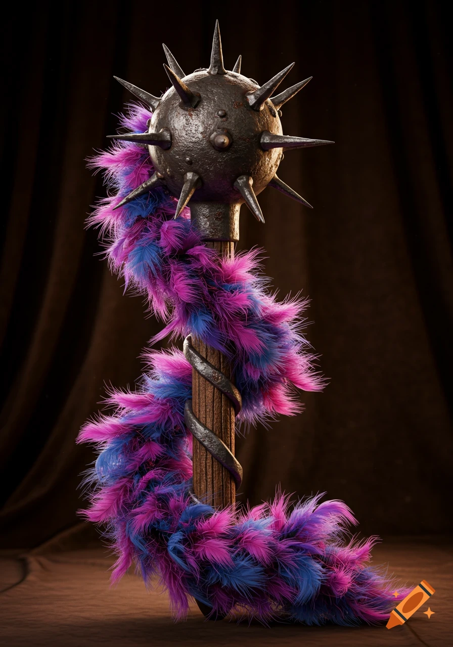 Photorealistic image of a spiked mace with a vibrant pink and blue feather boa wrapped around its handle.