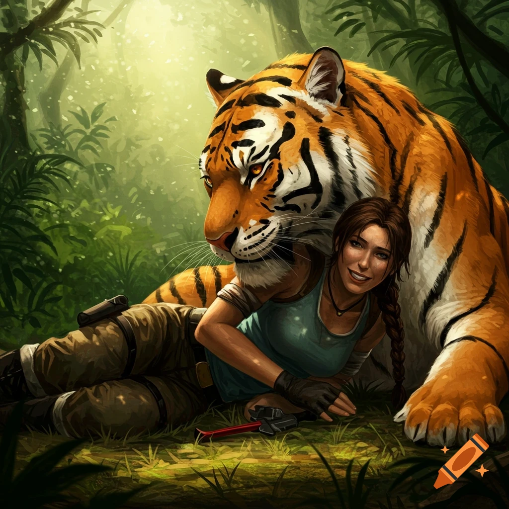 Lara Croft rests in a lush jungle next to a large tiger in a digital painting style.