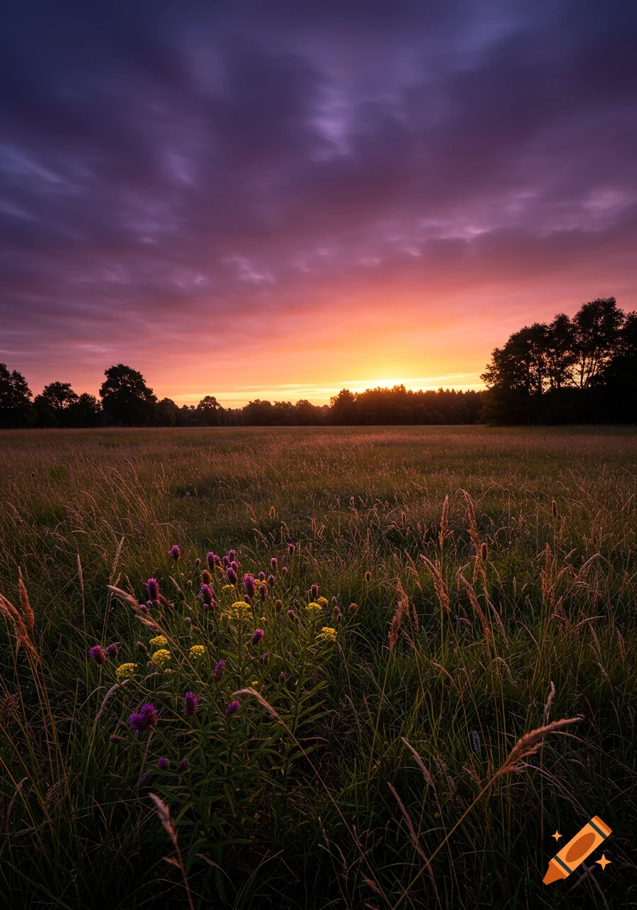 Photorealistic image of a vibrant sunset over a grassy field with purple and yellow wildflowers and silhouetted trees.
