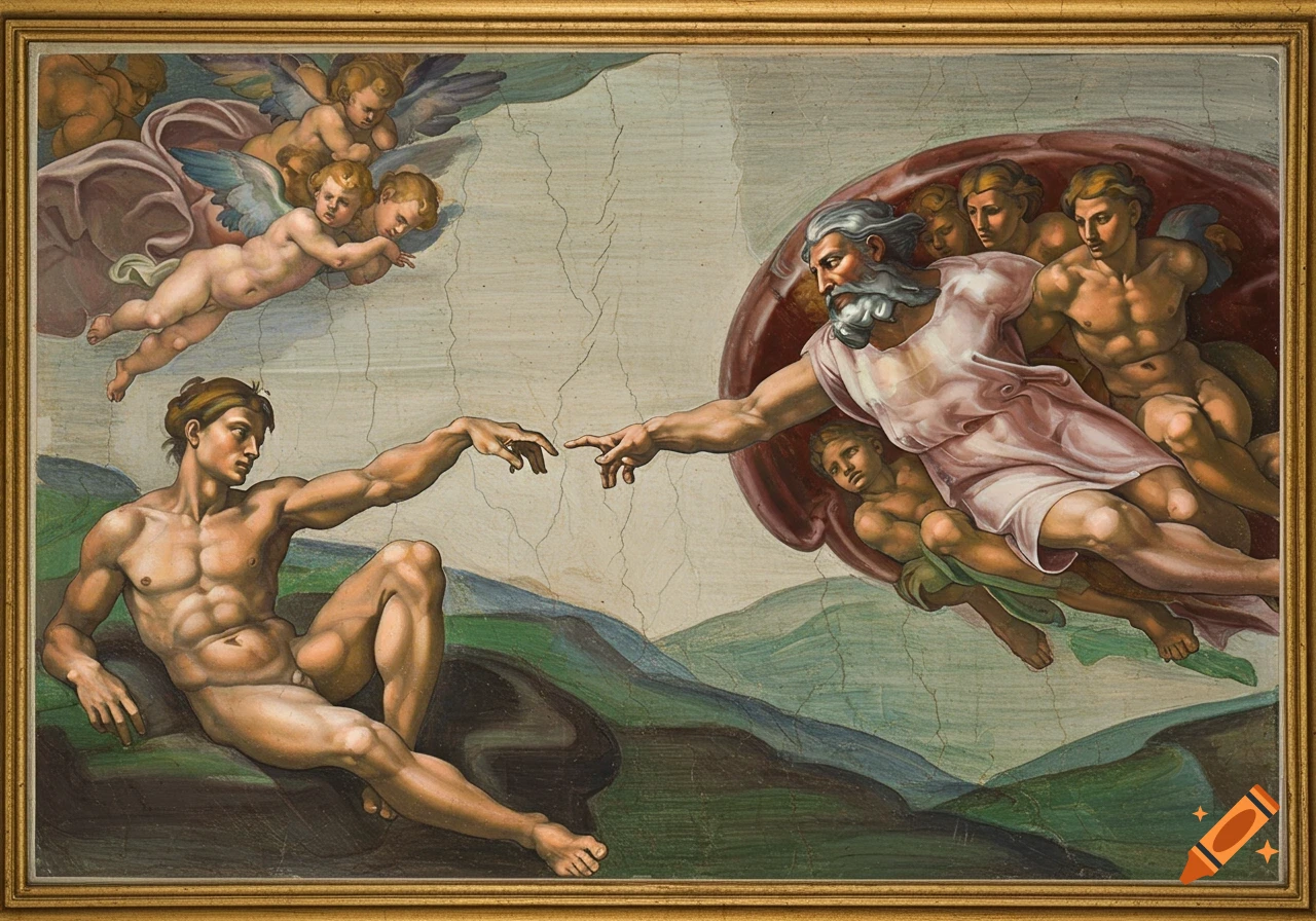 Michelangelo's The Creation of Adam fresco, showing God in robes reaching to touch the finger of a nude Adam.