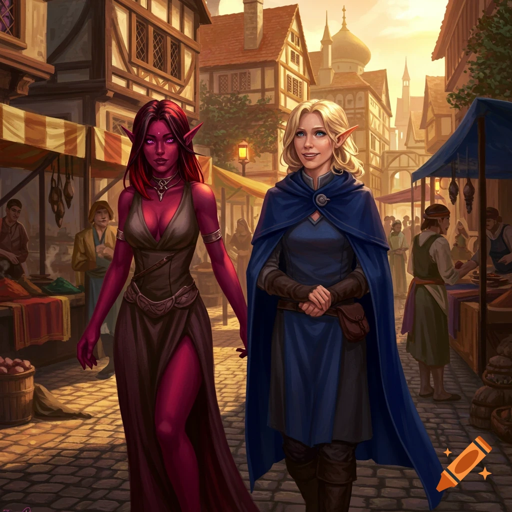 Two female elves, one red-skinned in a low-cut dress, the other blonde in a blue cloak, stroll through a medieval market.