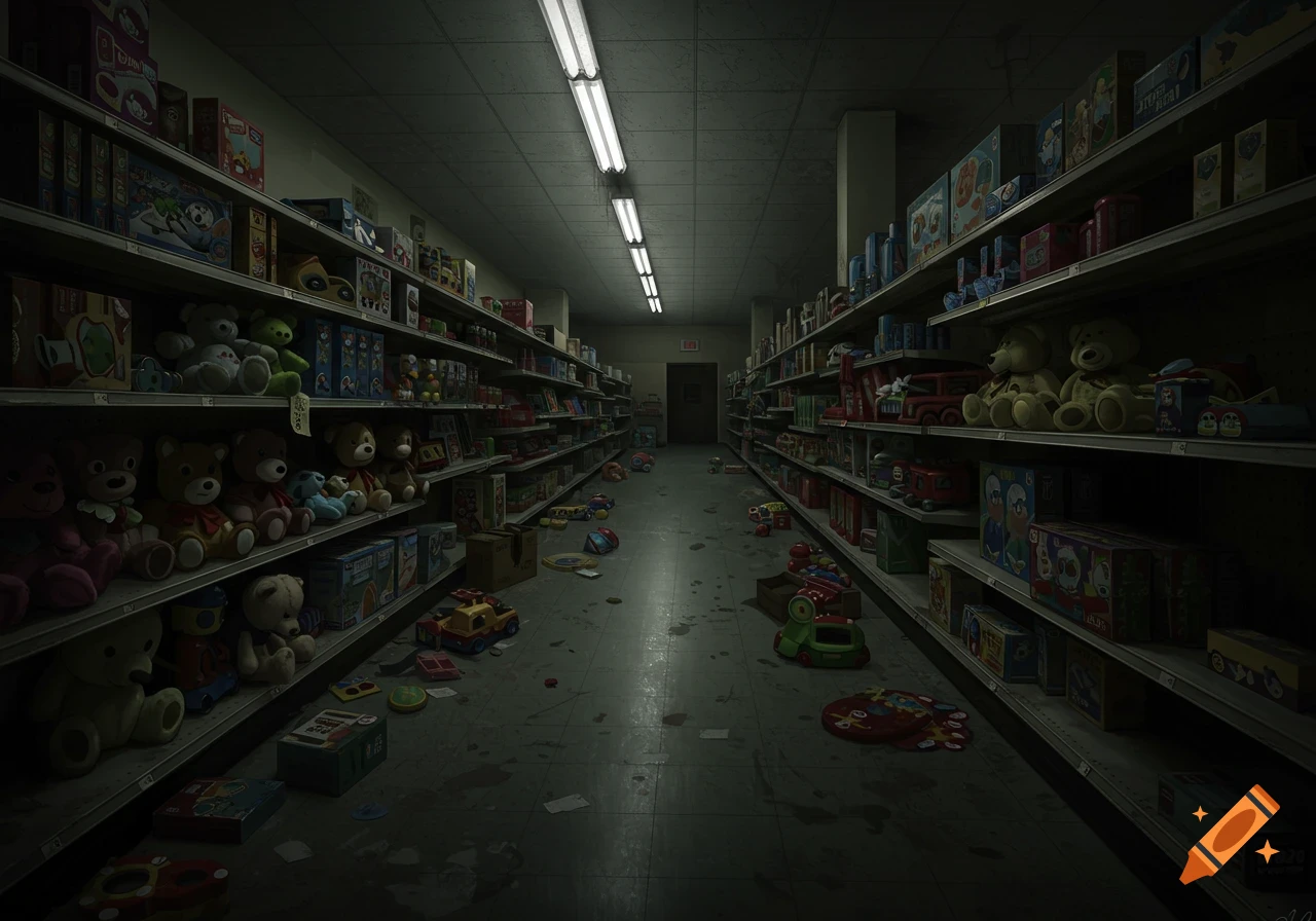 Eerie, dark toy store aisle with fluorescent lighting, shelves filled with toys, and scattered toys on the grimy floor.
