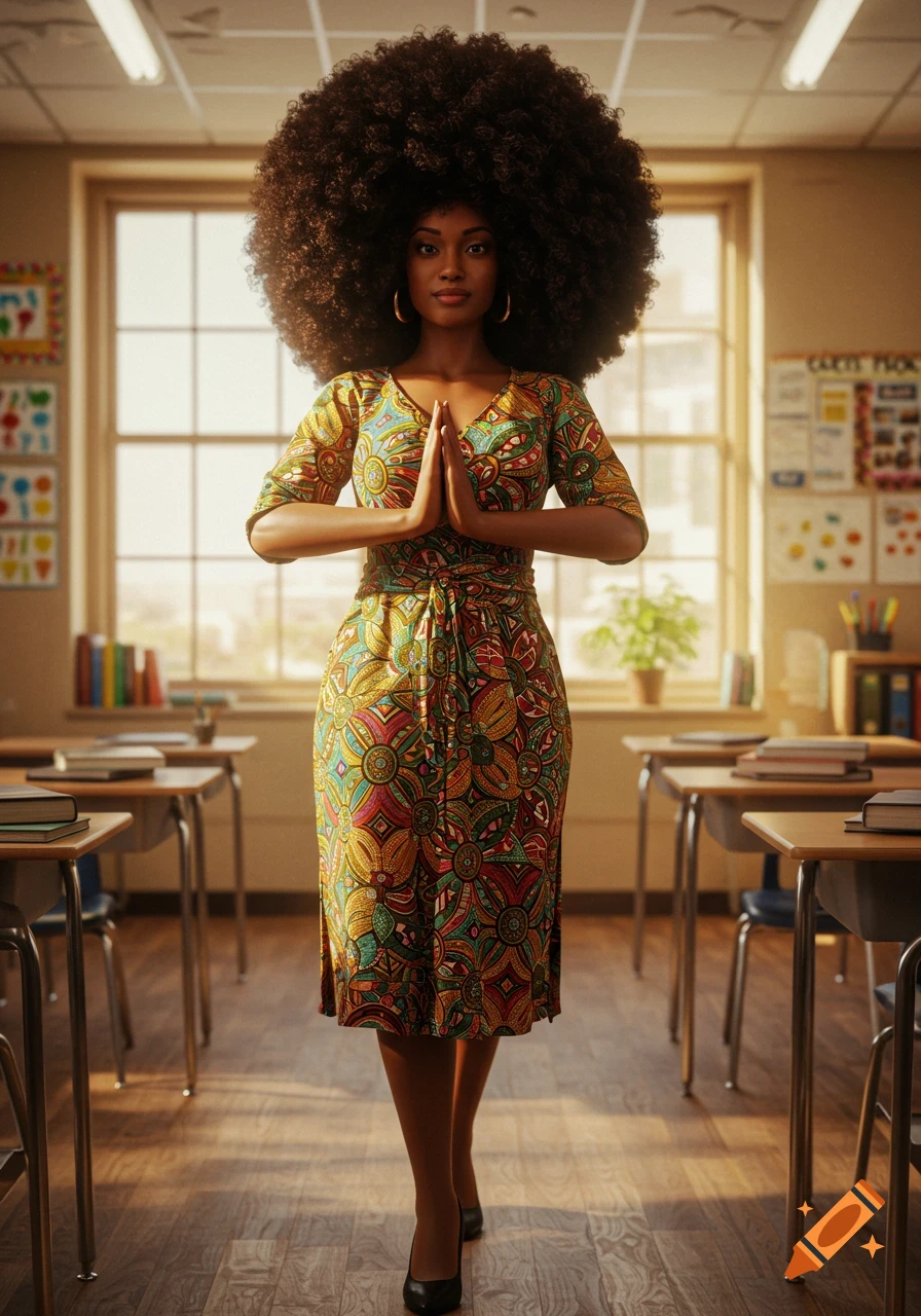 A photorealistic image of a Black woman with a large afro and colorful dress standing in a classroom, hands pressed together.