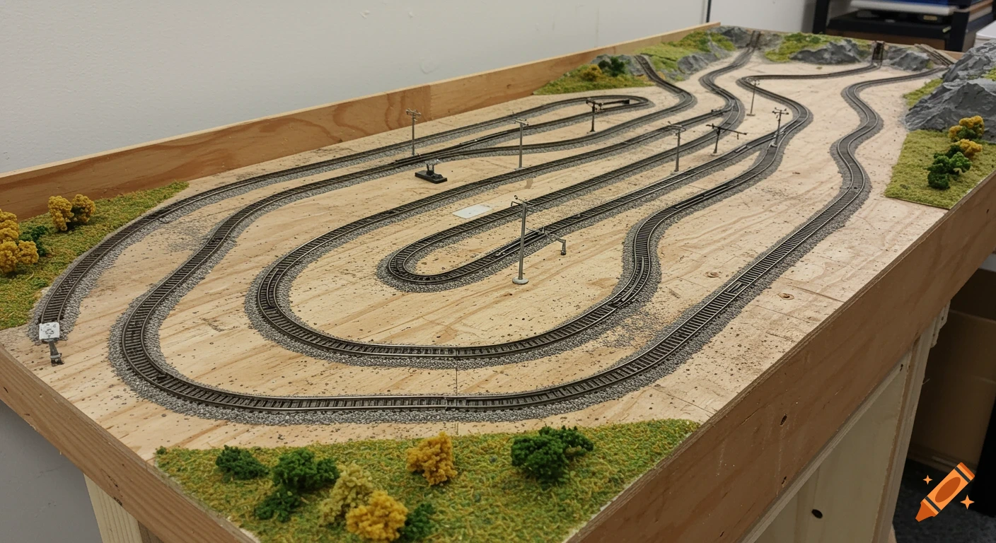 A detailed model train track layout on a large wooden board, featuring multiple curved and straight tracks with miniature scenery.