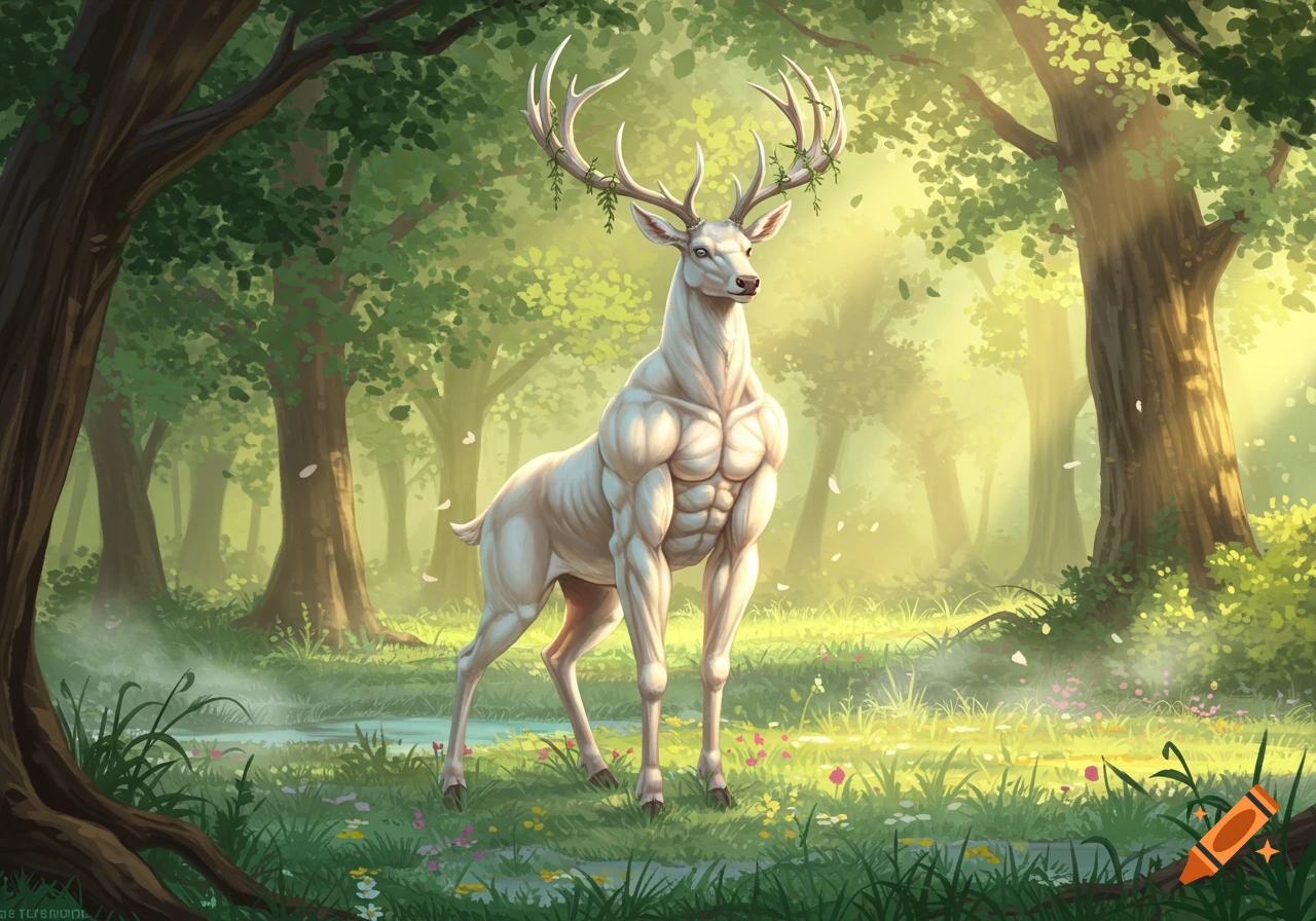 A muscular white anthropomorphic deer with large antlers stands in a sunlit, misty forest.