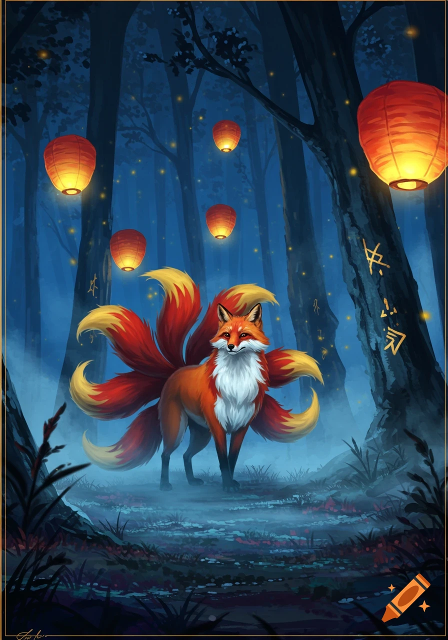 A majestic nine-tailed fox (Kitsune) with fiery red and yellow tails stands in a mystical, misty blue forest at night, illuminated by glowing red lanterns and fireflies.
