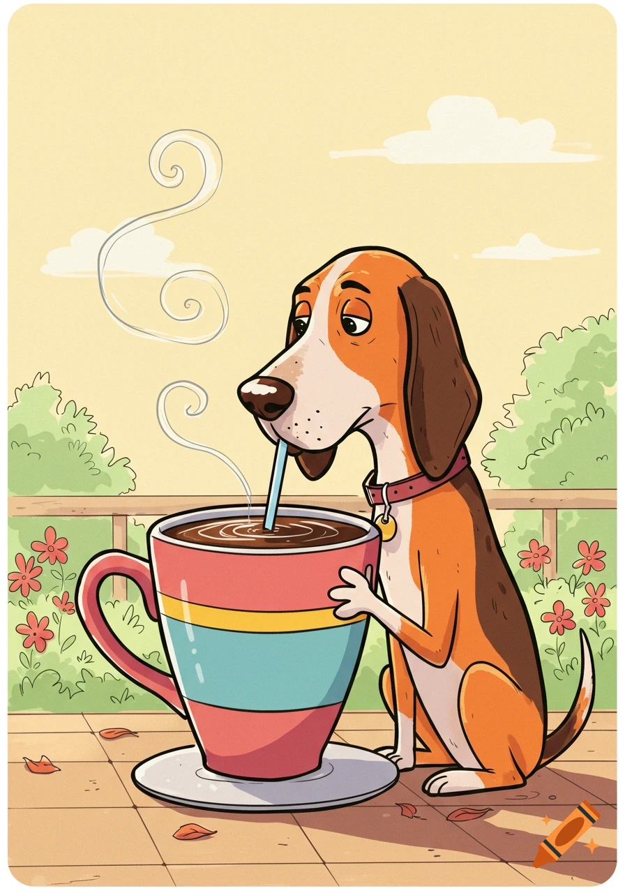 Cartoon coonhound dog drinking a hot beverage from a large striped cup with a straw on an outdoor patio.